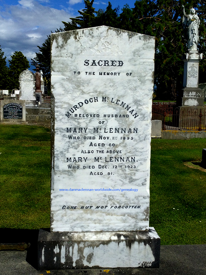 Photo of headstones/Murdoch McLennan d1895 hdstn WyndhamNZ